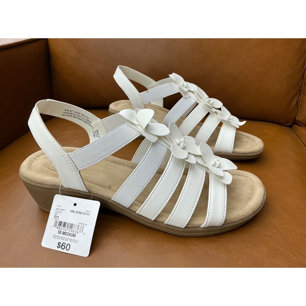 East 5th Ister Wedge Sandals Women 10 White New Floral Memory Foam Strappy